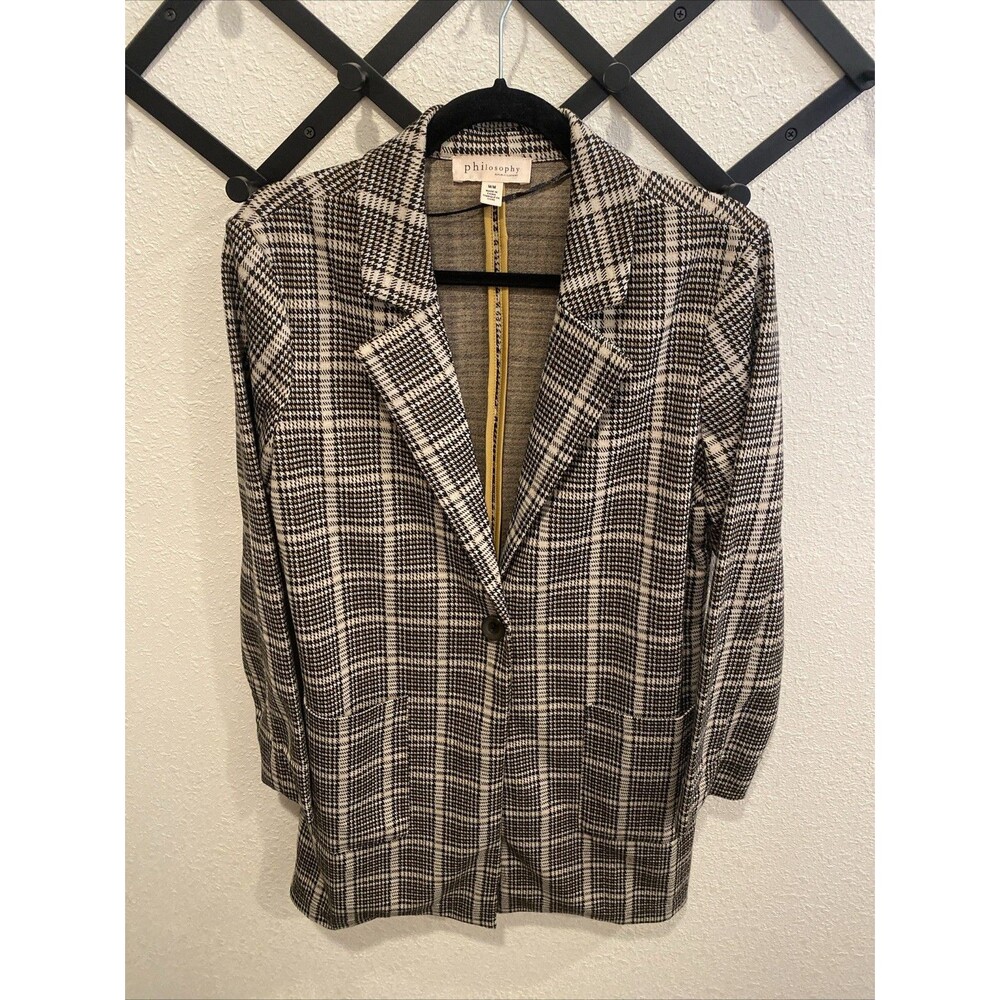 Philosophy Long Unlined Herringbone Plaid Blazer Tan Black Size Medium